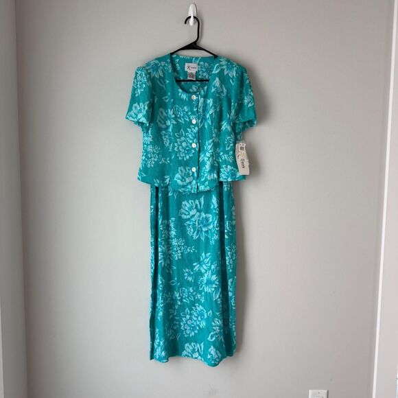 NWT K Petite Women's Vintage 2 Piece Set Dress and Short Sleeve Top Blue Floral - Picture 1 of 7